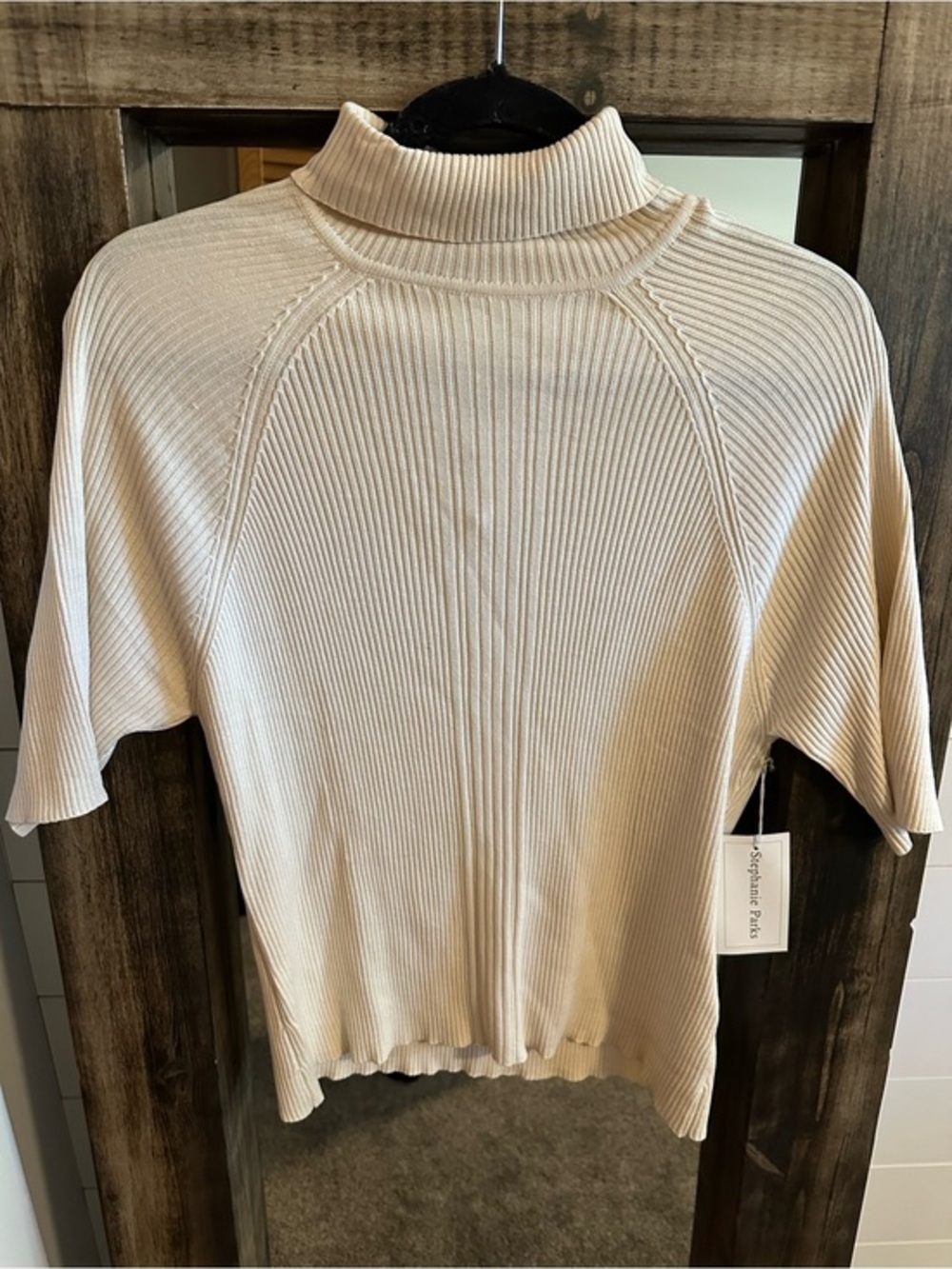 Stephanie Parks Silk Cotton Rib Knit Mock Turtleneck Top Ivory XL Short Sleeve
